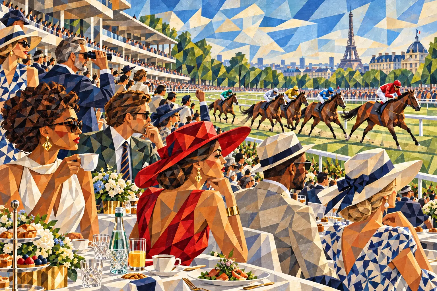 BRUNCH AT LONGCHAMP — neo-cubist composition by MAREA. Paris, race day.